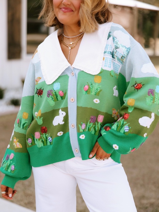 QUEEN OF SPARKLES Sweaters - new QUEEN OF SPARKLES Light Blue & Green Embroidered Sequined Spring Cardigan